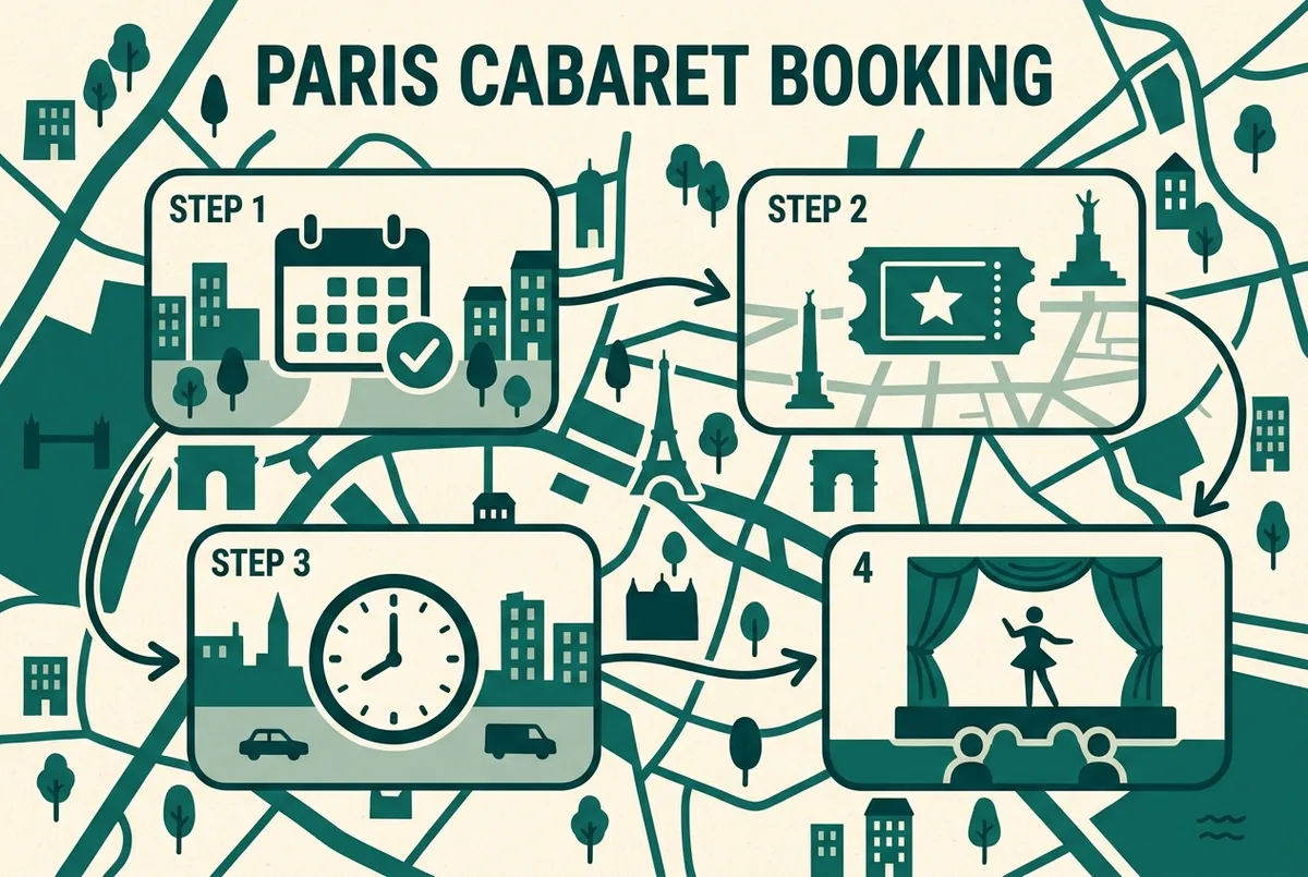 Simple flat-style infographic showing four sequential steps for booking cabaret paris tickets, generic calendar, ticket and clock icons in order, no venue names or prices, paris cabaret booking steps chart