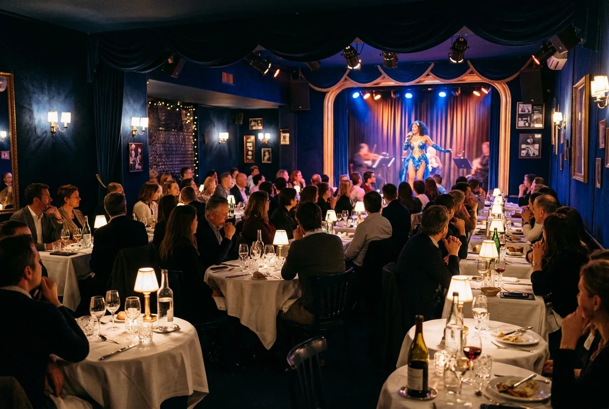 Salle de dîner-spectacle au décor bleu nuit à montmartre paris avec tables rondes dressées face à une scène de cabaret éclairée, ambiance chaleureuse de soirée, michou paris atmosphère de dîner-spectacle