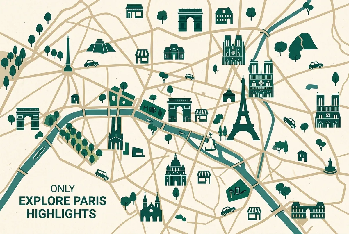 illustrated map of Paris highlights for Crazy Horse Paris Tickets: Prices and How to Book, crazy horse paris tickets