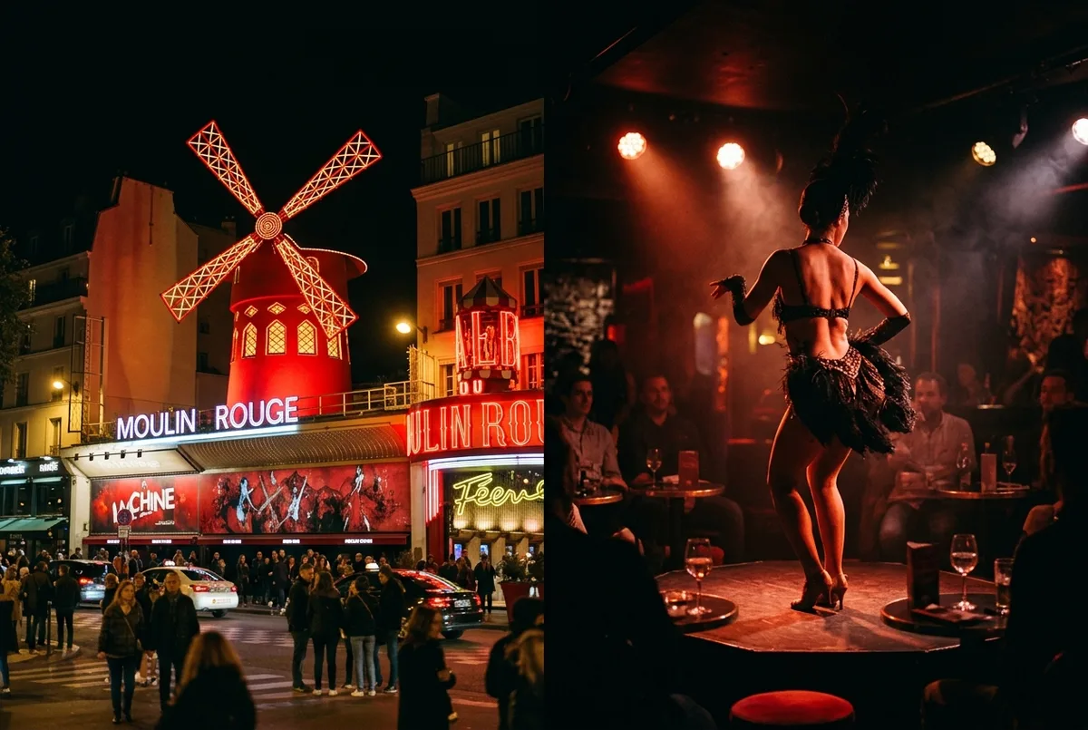 Geteiltes Bild mit der beleuchteten roten Windmühle des Moulin Rouge auf einer Seite und einer stimmungsvoll beleuchteten Cabaret-Bühne auf der anderen, moulin rouge oder crazy horse paris vergleich