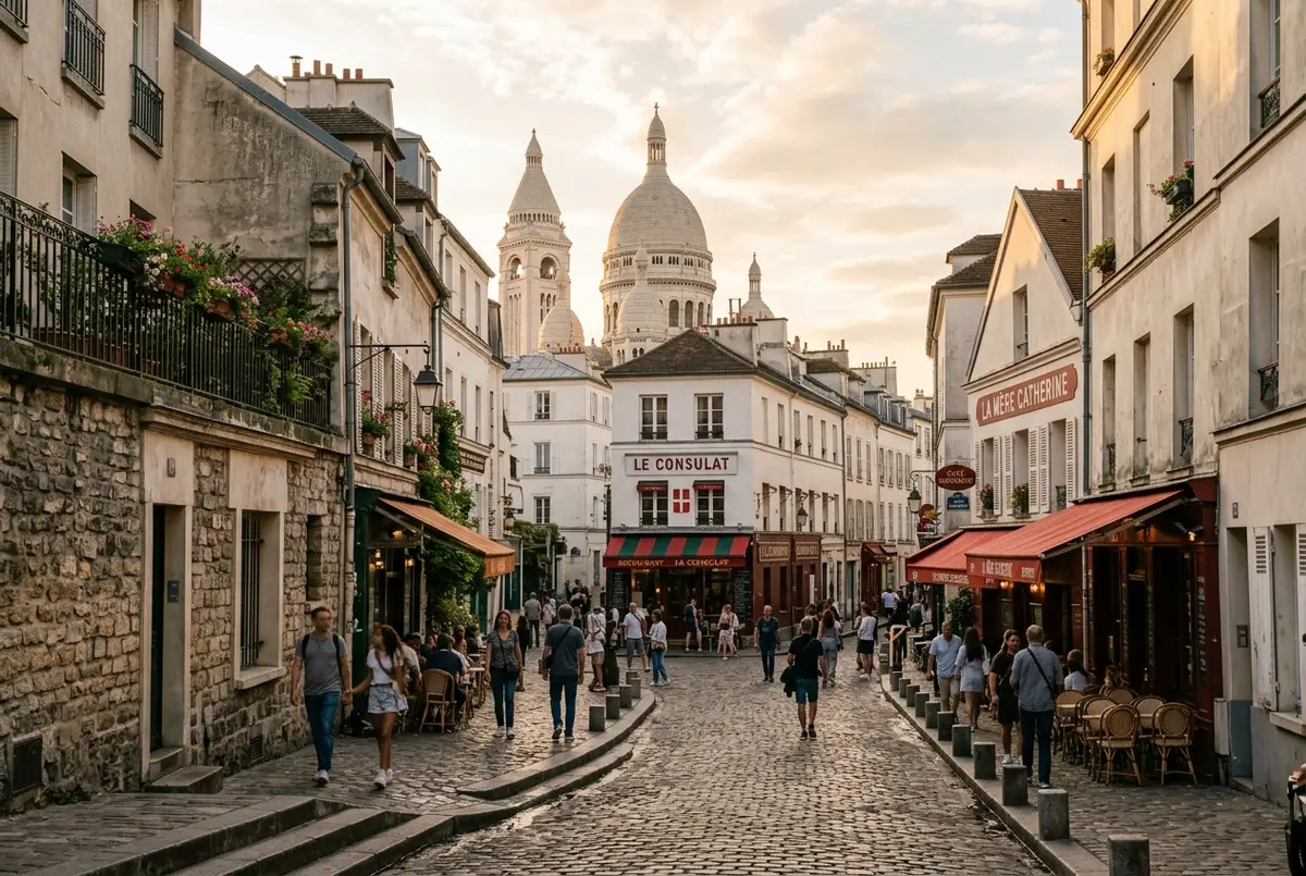Wide view of Montmartre hilltop street in Paris with Sacre-Coeur basilica dome visible above rooftops in soft afternoon light, travelers walking the cobbled streets, is montmartre worth visiting scene