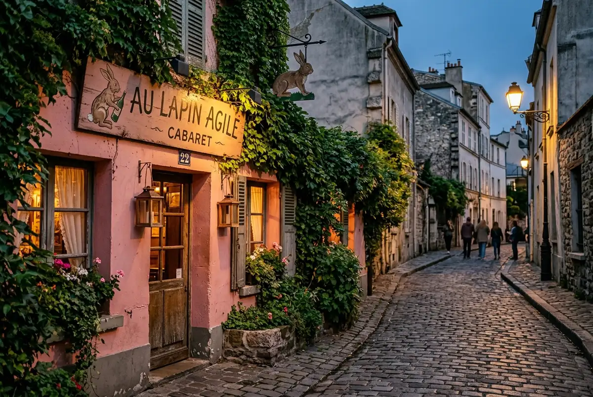 Façade rose du cabaret historique lapin agile à montmartre paris entourée de vigne à la lumière douce du soir, ambiance lapin agile paris