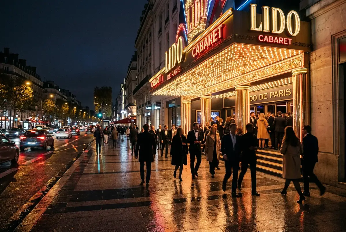 Elegante Lido Paris Fassade an den Champs-Elysees bei Dämmerung, warme Leuchtreklame, gut gekleidete Gäste betreten das Kabarett-Haus, lido paris tickets abendstimmung