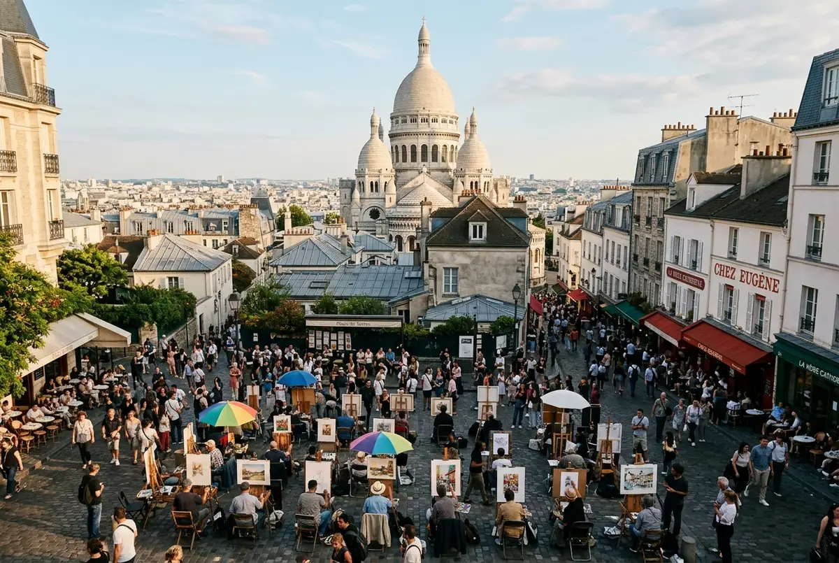 Elevated view of Montmartre hilltop in Paris showing Sacre-Coeur basilica dome, artists' easels in a cobbled square and red windmill rooftop below, montmartre tourist attractions overview scene