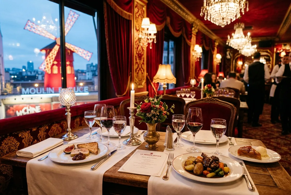 Elegant gedeckter Dreigänge-Dinnertisch im Belle-Epoque-Speisesaal des Moulin Rouge vor der Show, Kerzenlicht und Champagnergläser, moulin rouge dinner show abendstimmung