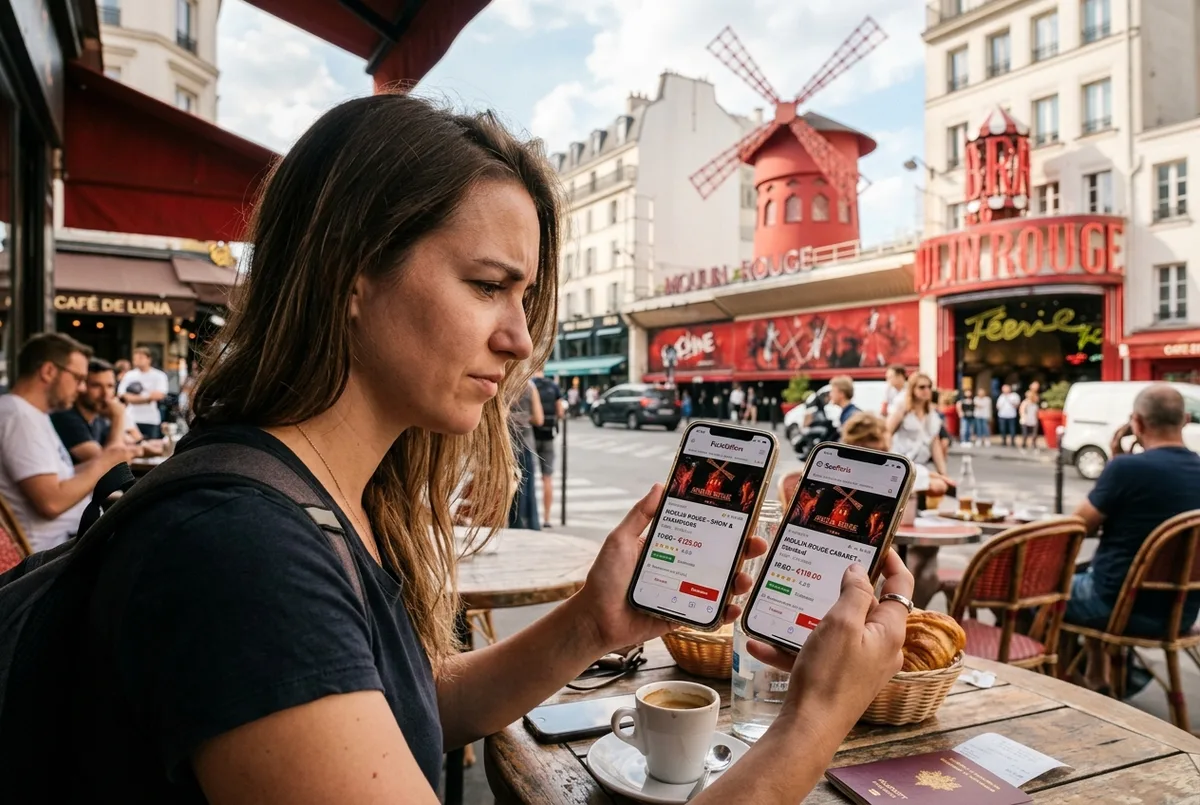 Traveler comparing two phone screens showing different Moulin Rouge ticket listings at a Paris cafe table, skeptical expression, moulin rouge discount tickets comparison