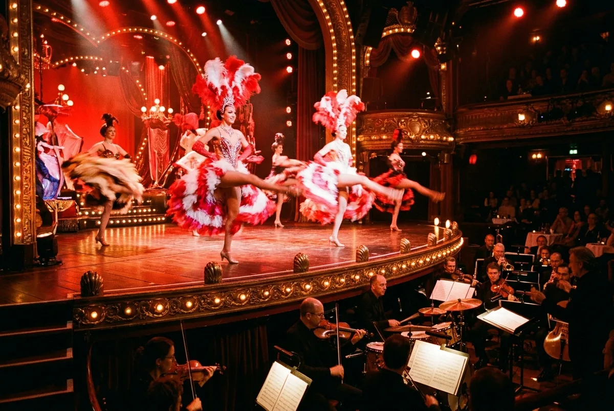 Cabaret dancers mid-performance in feathered costumes under red stage lighting at the Moulin Rouge in Paris, live orchestra visible below the stage, moulin rouge feerie show scene
