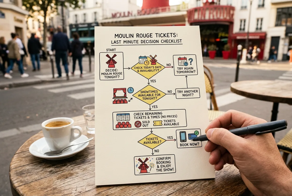 Simple flat-style decision flowchart with generic icons for checking today's date, checking showtime availability and confirming booking, no real prices or times shown, moulin rouge tickets last minute decision checklist