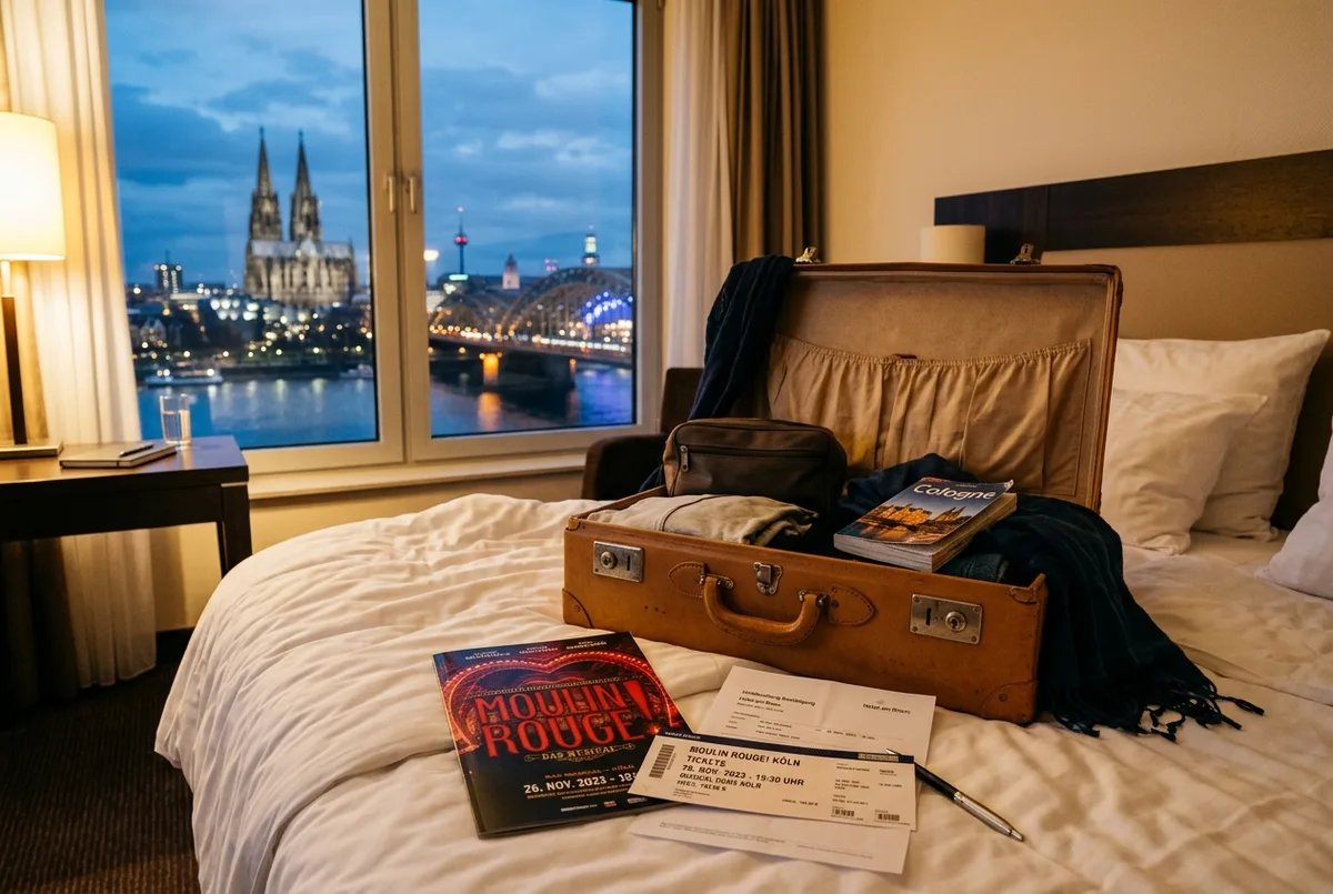 Reisekoffer und Theaterprogramm auf einem Hotelbett mit Blick auf die Kölner Skyline am Abend, warmes Zimmerlicht, moulin rouge köln tickets mit hotel reiseplanung szene