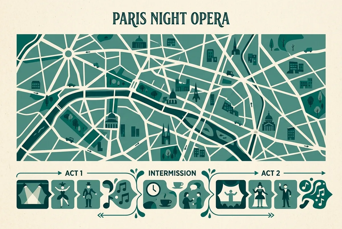 Simple flat-style infographic timeline showing two acts separated by an intermission block, generic clock icons only, no specific times or prices, moulin rouge musical run time act structure diagram