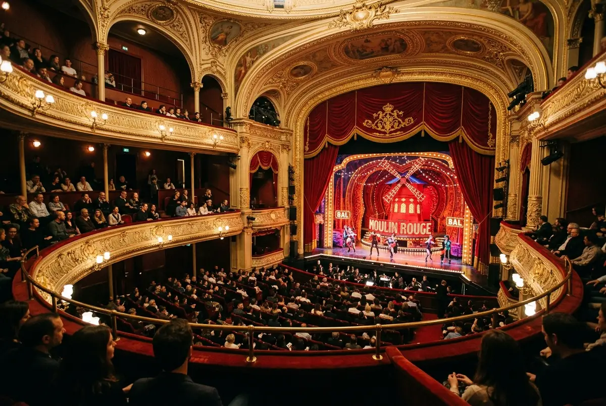 Interior view of a classic Broadway theater auditorium from the mezzanine looking down at the stage and orchestra seats, red curtains and gilded balconies, moulin rouge musical seating chart view