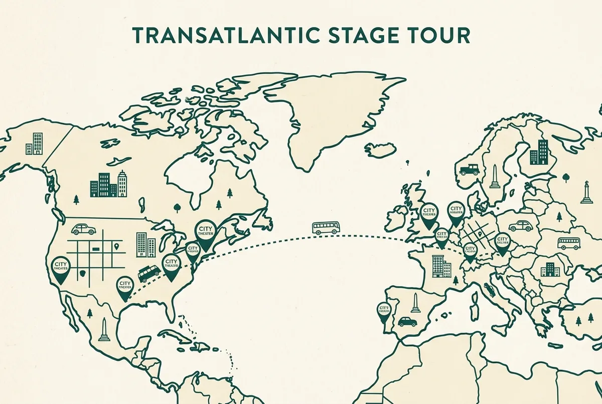 Einfache, flach gestaltete Landkarten-Infografik von Europa und Nordamerika mit mehreren generischen Stecknadel-Markierungen, verbunden durch eine gestrichelte Linie, ohne Städtenamen oder Daten im Bildtext, moulin rouge tourneestädte landkarte konzept