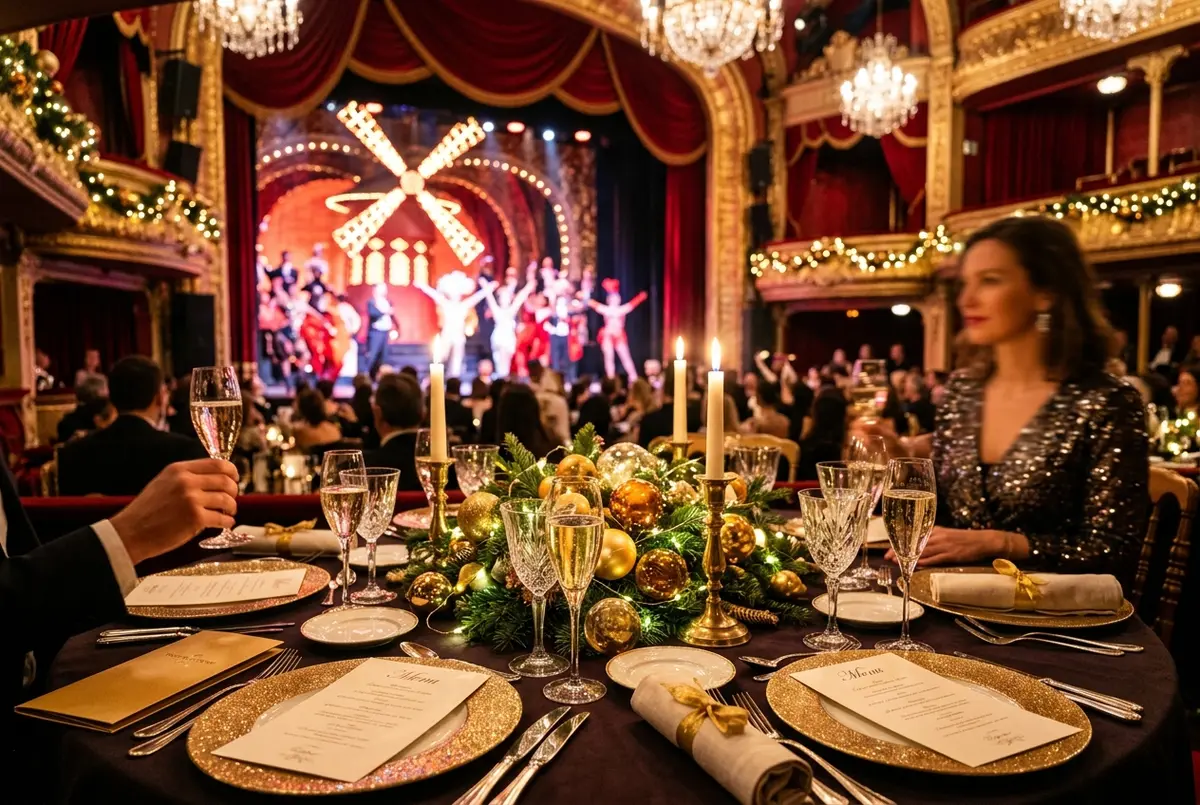 Table de réveillon du nouvel an dressée avec élégance dans la salle du moulin rouge à paris, décor festif doré et champagne, ambiance chaleureuse de soirée du 31 décembre