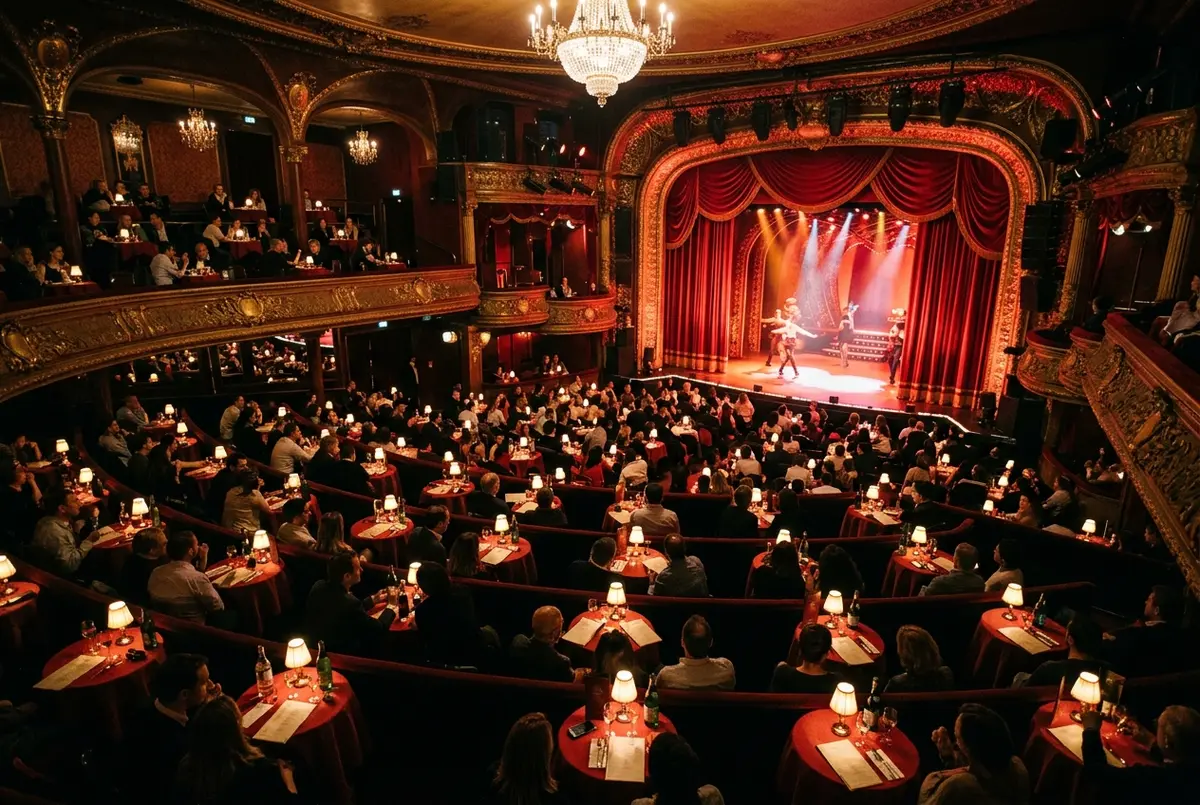 Small round cabaret tables arranged in tiers facing a red velvet stage inside the Moulin Rouge in Paris, warm stage lighting, moulin rouge seating chart table layout