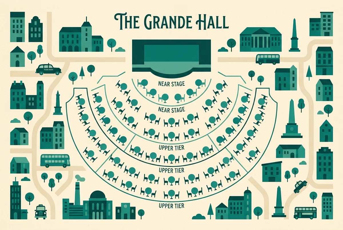 Simple flat-style diagram showing concentric curved rows of small round tables facing a stage, generic section labels only such as near stage and upper tier, no real floor plan or prices, moulin rouge table layout concept