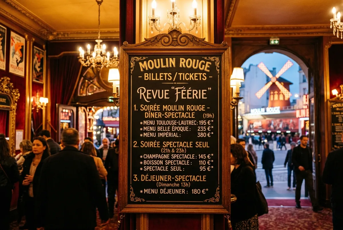 Elegant price display board showing tiered Moulin Rouge ticket options in a Paris cabaret lobby at dusk, warm gold lighting, moulin rouge ticket prices overview