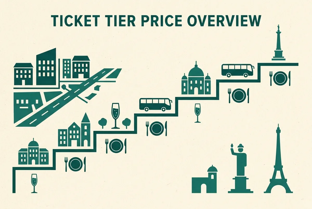 Flat-style infographic showing seven Moulin Rouge ticket tiers as ascending price steps with generic icons for champagne, a dinner plate and a coach bus, no real prices shown, moulin rouge ticket prices tier comparison