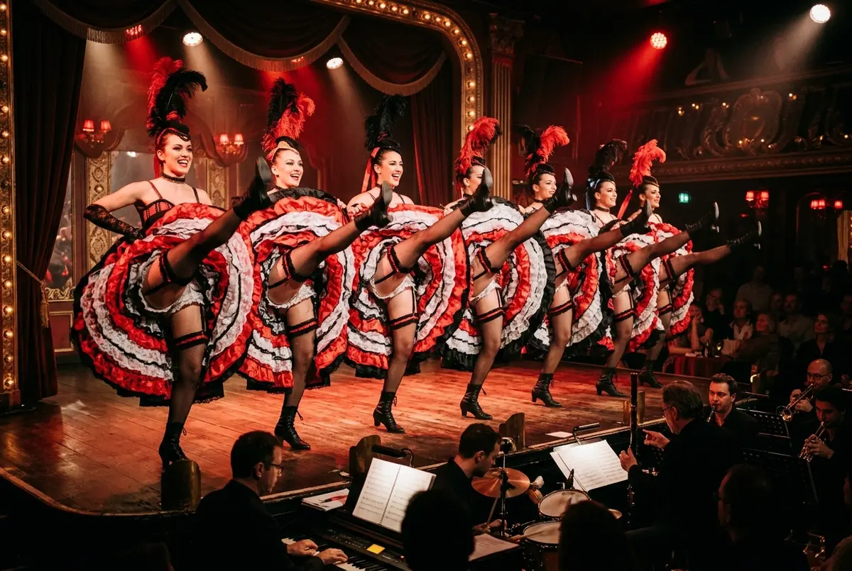 Scène de cabaret intimiste à Paris avec rideau de velours rouge, éclairage chaud et silhouette de performeuse en costume à plumes dans une petite salle, ambiance humoristique et vivante, cabaret burlesque paris atmosphère de music-hall